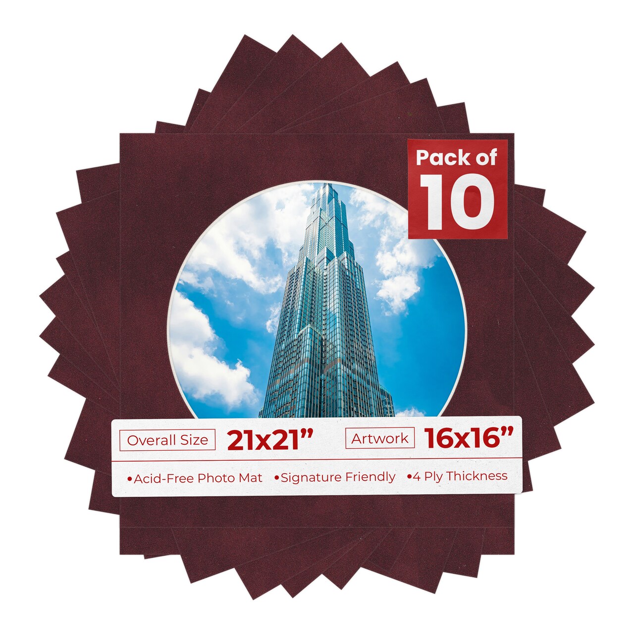 Dark Red Suede Mat Board for 21x21 Frames - Circle Opening for 16x16 Photos